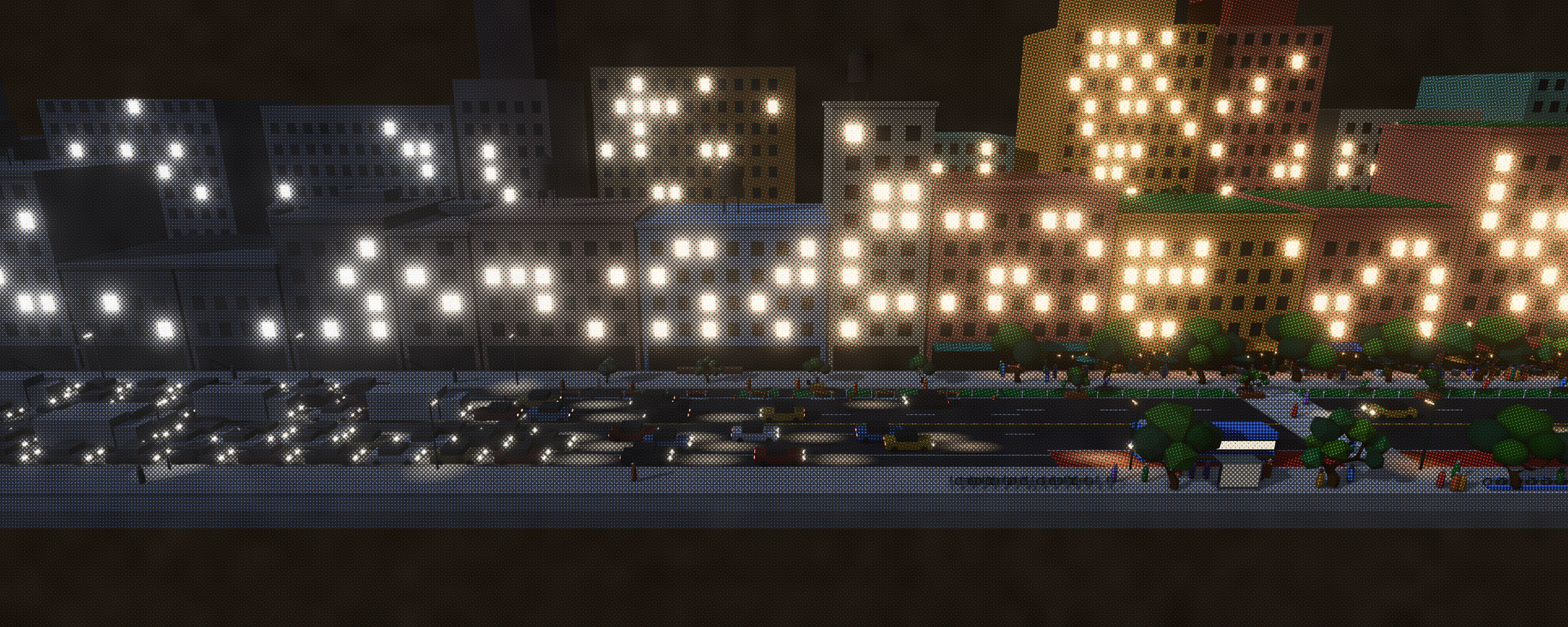 The same street at night, printed in light halftone dots on dark paper: on the grey left, white-lit windows and the white head and tail lights of stalled traffic, thinning toward the middle; on the coloured right, warm-lit windows and cafés, street trees, a protected bike lane, and a lit bus at its shelter in a red bus lane.