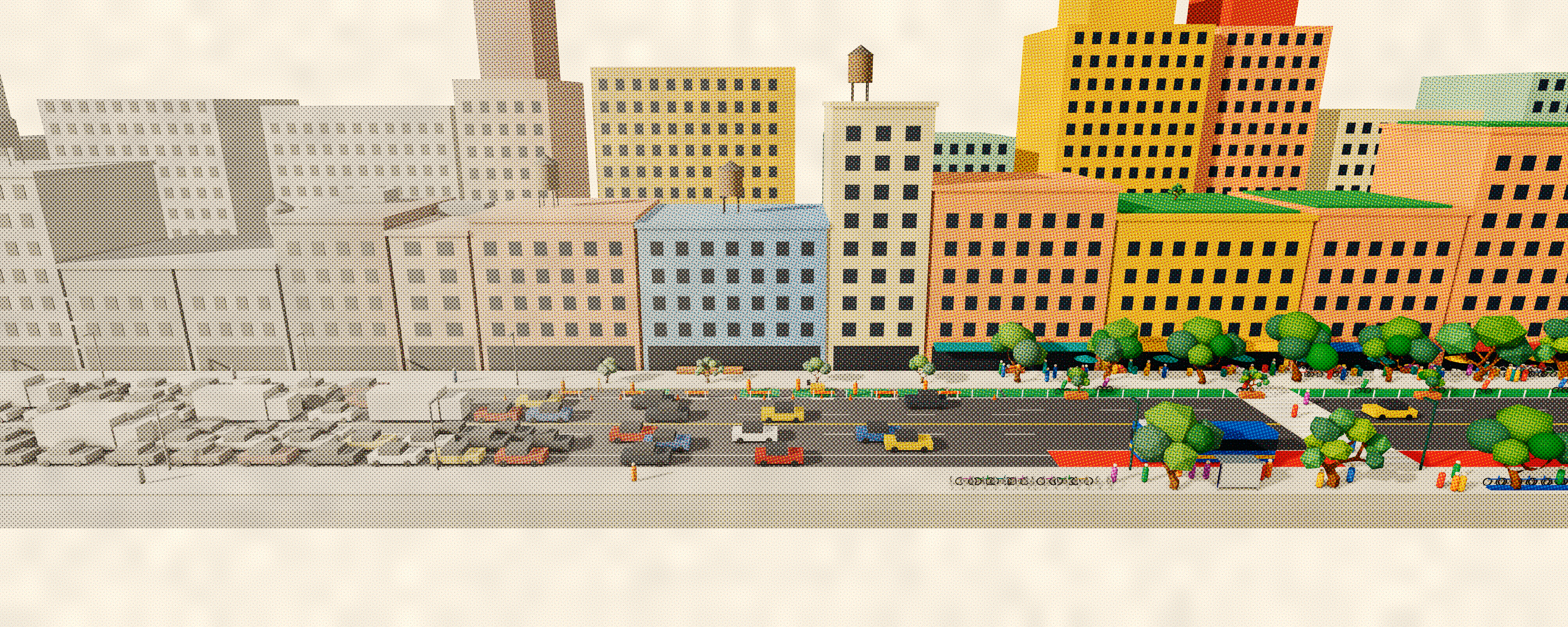 A city street as a clay model printed in newspaper halftone dots, rebuilt from left to right: in grey, four lanes of stalled traffic and parked cars, thinning toward the middle; then crews, cones and a green bike lane being laid; then, in colour, a protected bike lane with cyclists, street trees, bike racks, café tables on a widened sidewalk, a raised crosswalk, and a bus at its shelter in a red bus lane.