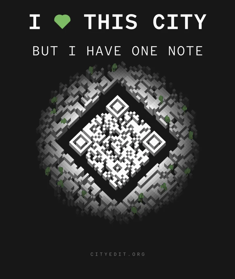 Back artwork: I heart this city, but I have one note, above a scannable code drawn as a ring of isometric city blocks, with cityedit.org at the bottom.