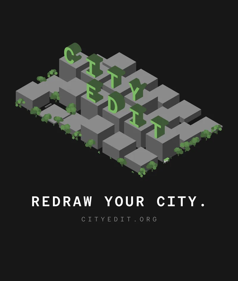 Front artwork: green City Edit letters standing on grey isometric city blocks lined with trees and small figures, above the words Redraw your city and cityedit.org.